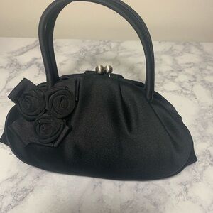Ann Taylor Chic Black Satin Clutch with Floral Detail